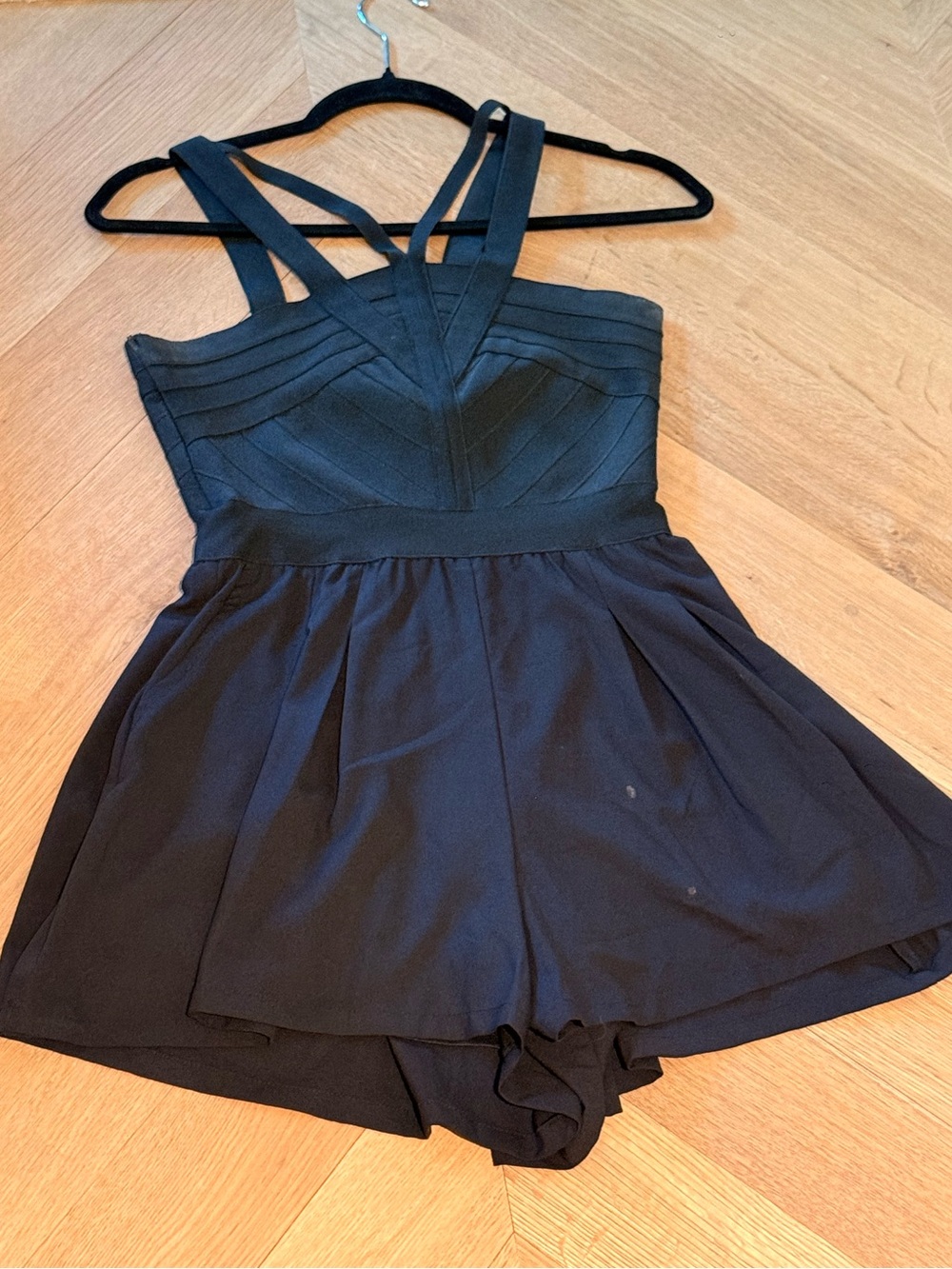 Black Strappy Romper with Structured Bandage Bodice